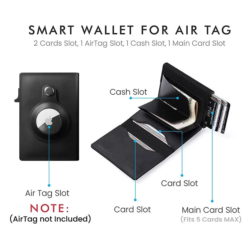 Smart Air Tag Wallet with RFID Slim Design Premium Crazy Horse Leather Pop up Credit Card Holder Does Not Include Air Tag