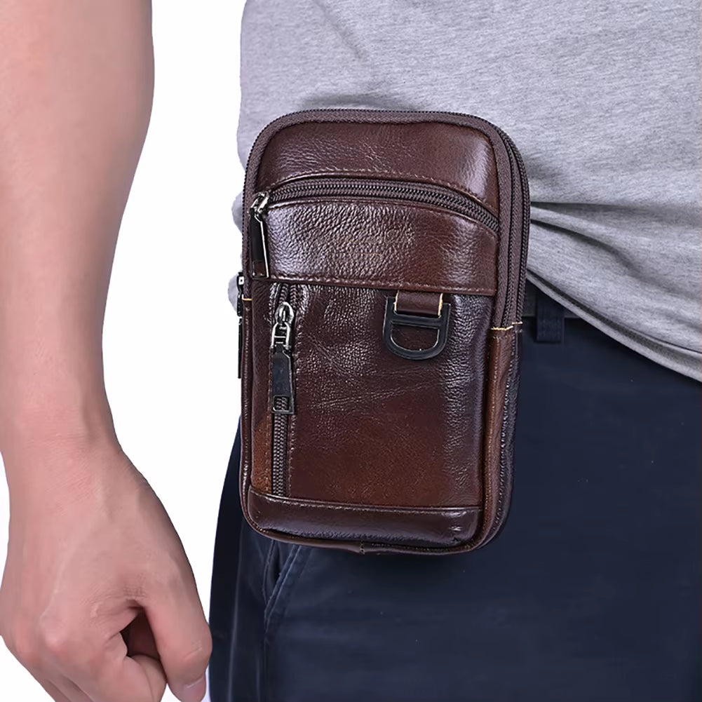 New Men'S Genuine Leather Cowhide Vintage Belt Pouch Purse Fanny Pack Waist Bag for Cell Phone Chest Belt Pack Loop Waist Bag