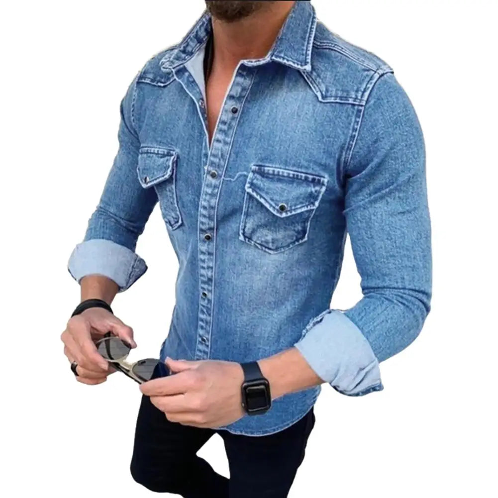 Spring Autumn Mens Jeans Shirt Long Sleeve Denim Shirts for Men Soft Cotton Two Pockets Slim Elastic Denim Shirts Chemise Homme