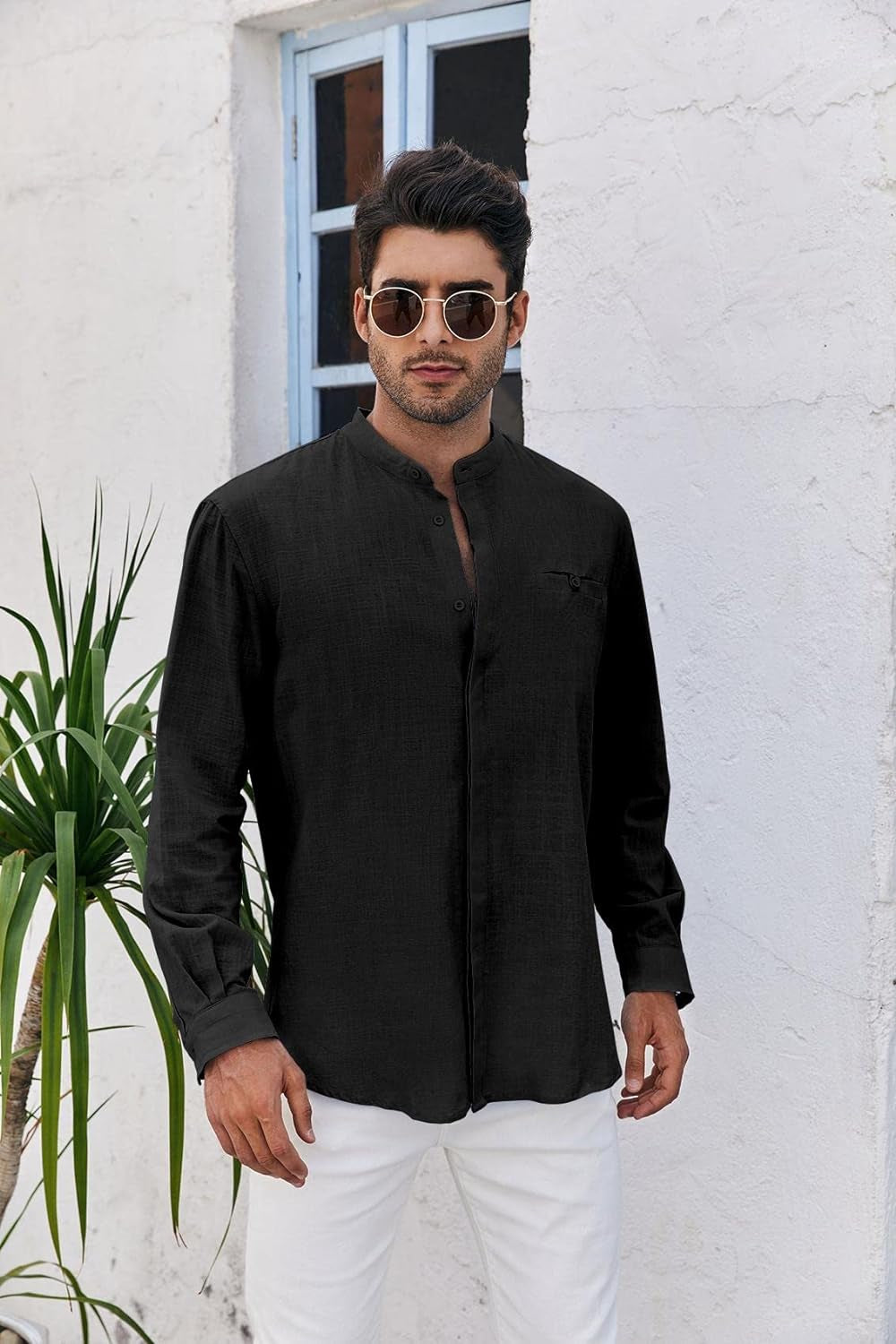 Mens Linen Casual Button down Shirts Long Sleeve Summer Dress Shirt Mandarin Collar Beach Yoga Tops with Pocket Black