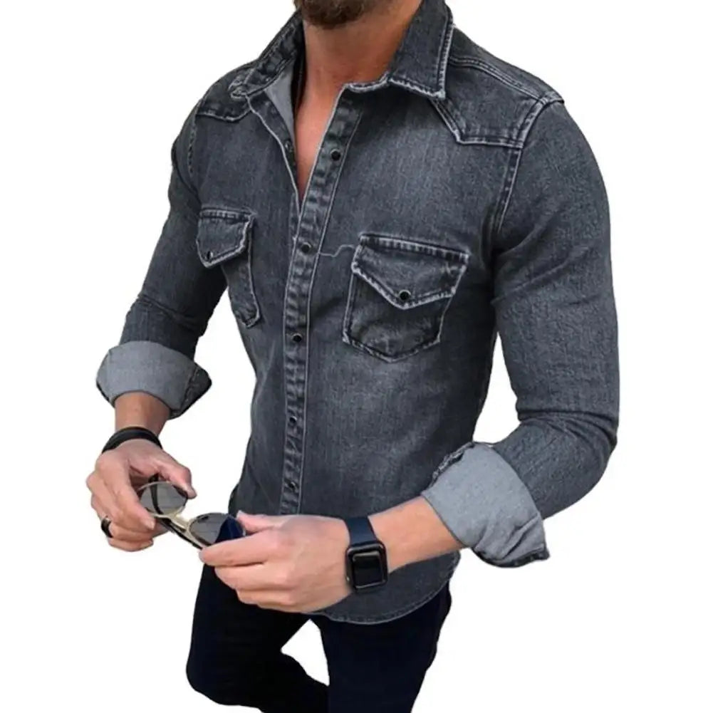 Spring Autumn Mens Jeans Shirt Long Sleeve Denim Shirts for Men Soft Cotton Two Pockets Slim Elastic Denim Shirts Chemise Homme