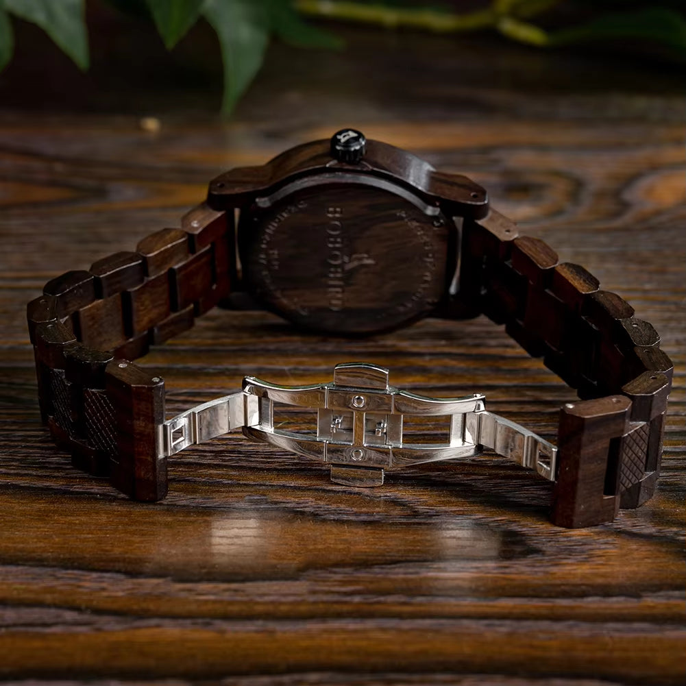 Wood Watch Men Luxury Stylish Quartz Watches Engraved Wooden Timepieces Chronograph Wristwatch Male Clock Custom Gift