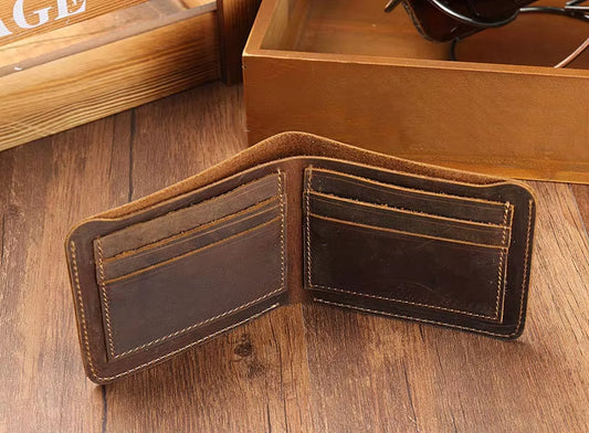 Genuine Leather Male Wallet Crazy Horse Short Wallet for Men Retro Designer Small Purse with Credit Card Cover Handmade