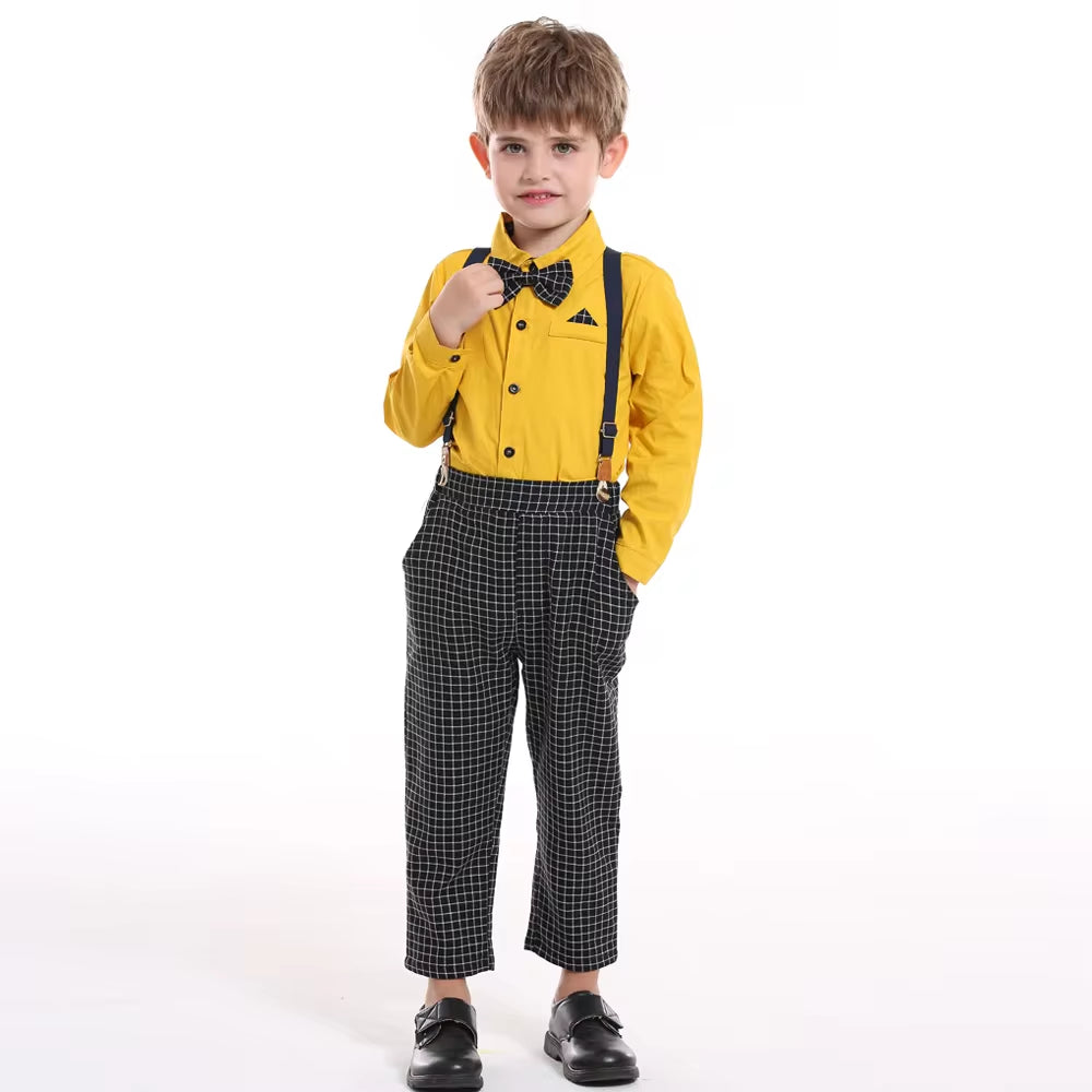 Top and Top Autumn Winter Baby Boy Gentleman Clothing Set Long Sleeve Bowtie Shirts+Overalls Formal Suits Infant Boy Clothes