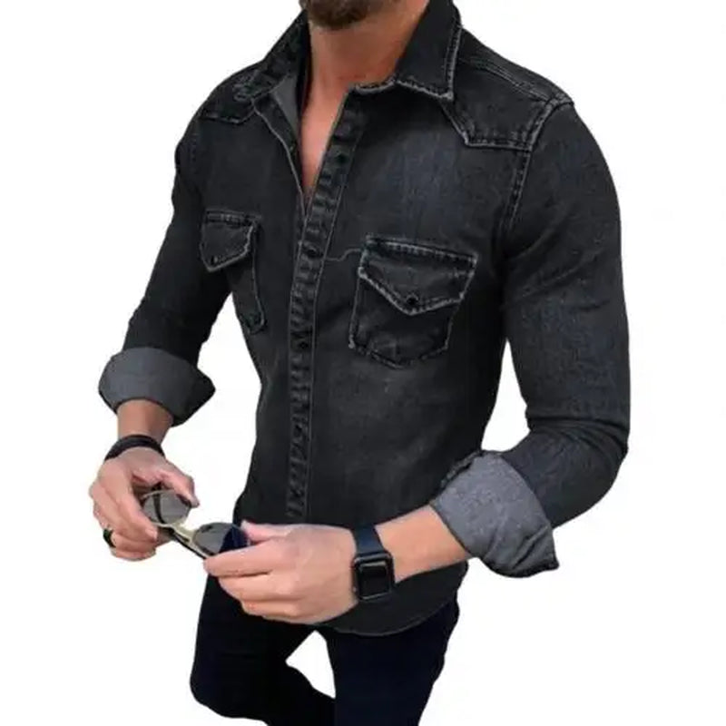 Spring Autumn Mens Jeans Shirt Long Sleeve Denim Shirts for Men Soft Cotton Two Pockets Slim Elastic Denim Shirts Chemise Homme