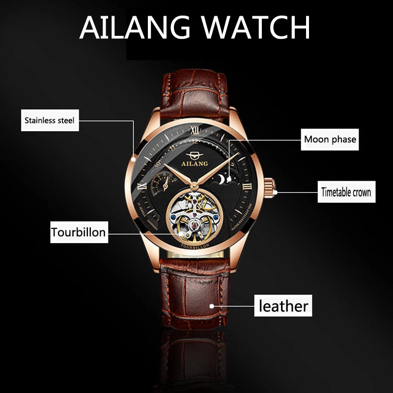 Automatic Mechanical Watches Mens Watches Top Brand Luxury Sapphire Genuine Leather Original Tourbillon Hollow Movement