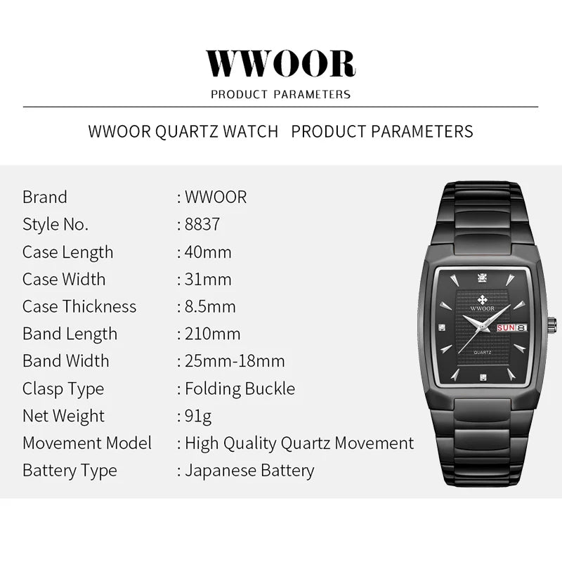 Men'S Wristwatch 2024 WWOOR Brand Luxury Quartz Watch Waterproof Business Male Date Clock Casual Fashion Black Relogio Masculino