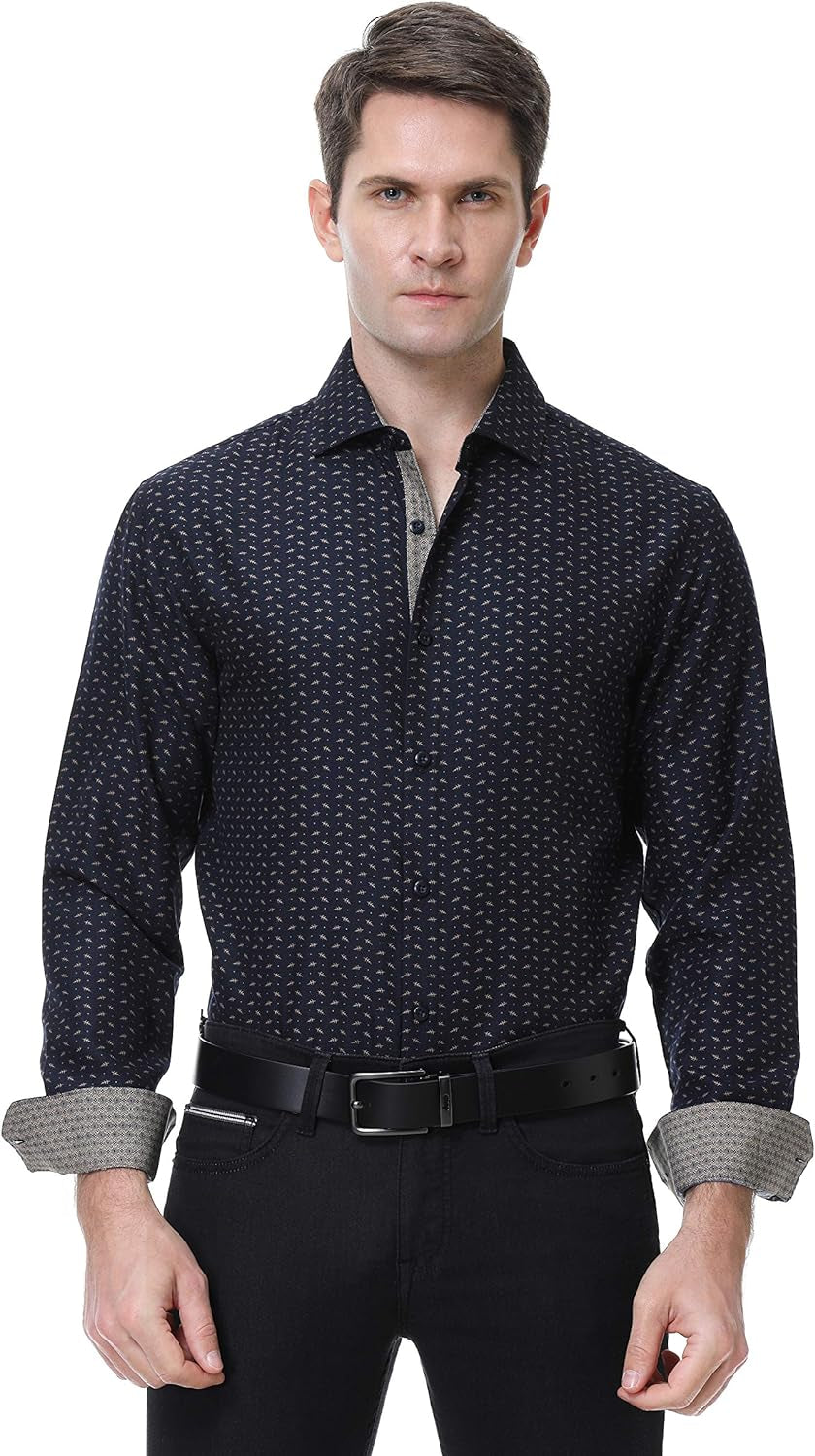 Mens Printed Dress Shirts Easy Care Regular Fit Long Sleeve Casual Button down Shirt for Men (Print14,M)