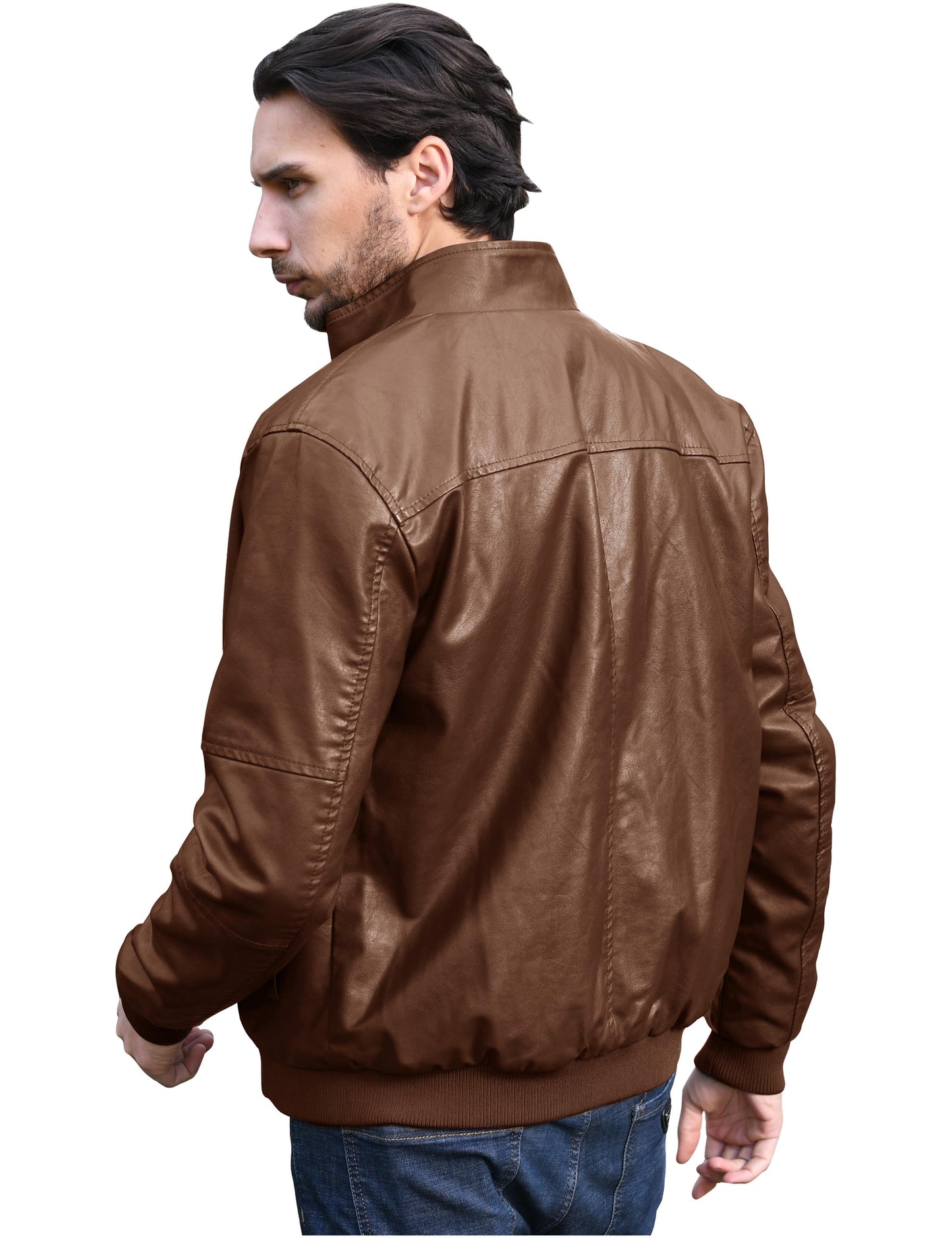 Men'S Leather Jacket Stand Collar Bomber Faux Leather Jacket Field XL